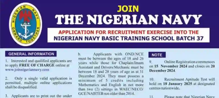 Nigerian Navy Begins Free Recruitment for Batch 37 in 2024 notification released