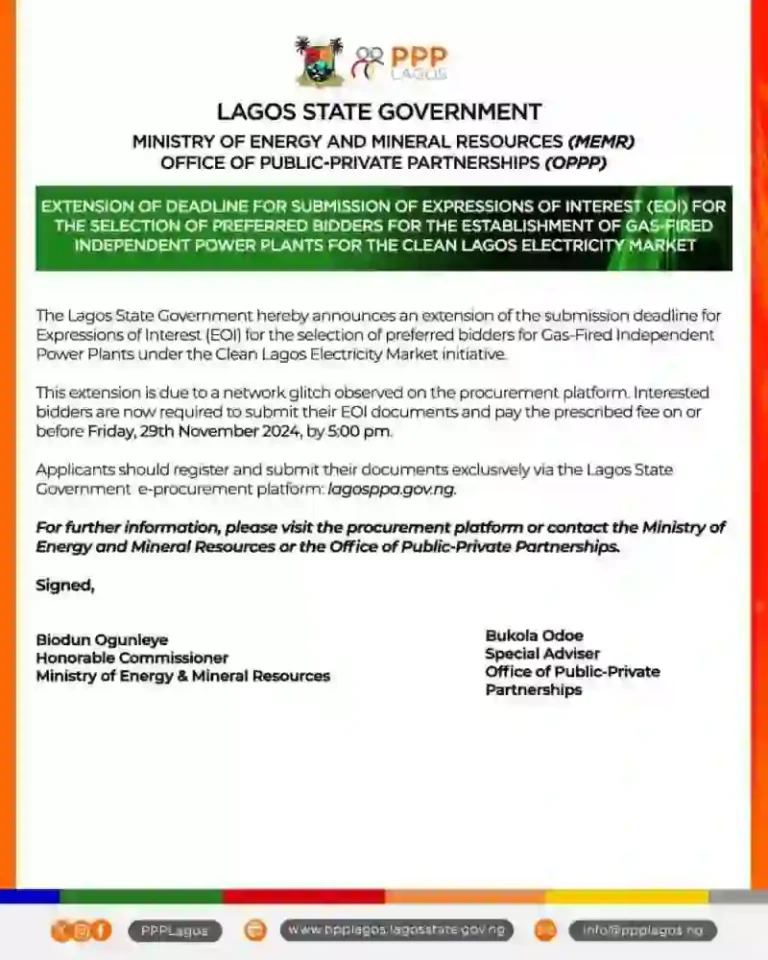 Lagos Extends Submission Deadline for Gas-Fired Power Plant Bids